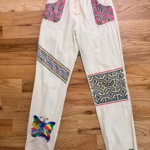 Shipibo white cotton ayahuasca ceremony pants hand-embroidered with butterfly hummingbird icaros kené for women, size S